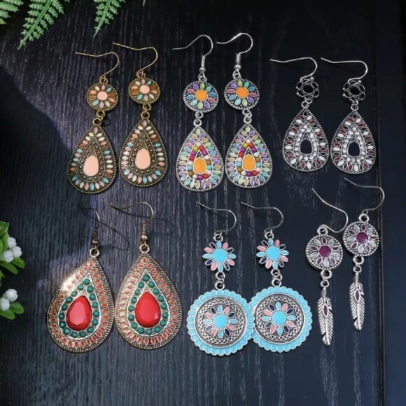 12 Pairs Multicolor Boho Tribal Geometric Drop Earrings - Picture 4 of 8